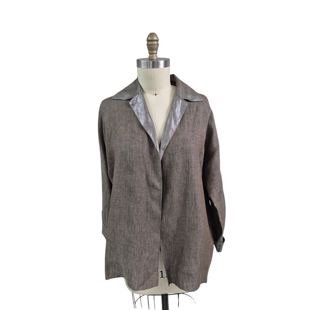 Shamask Sz 1 Bergdorf Goodman Linen Bronze Metallic Shirt Open Front Jacket S/M